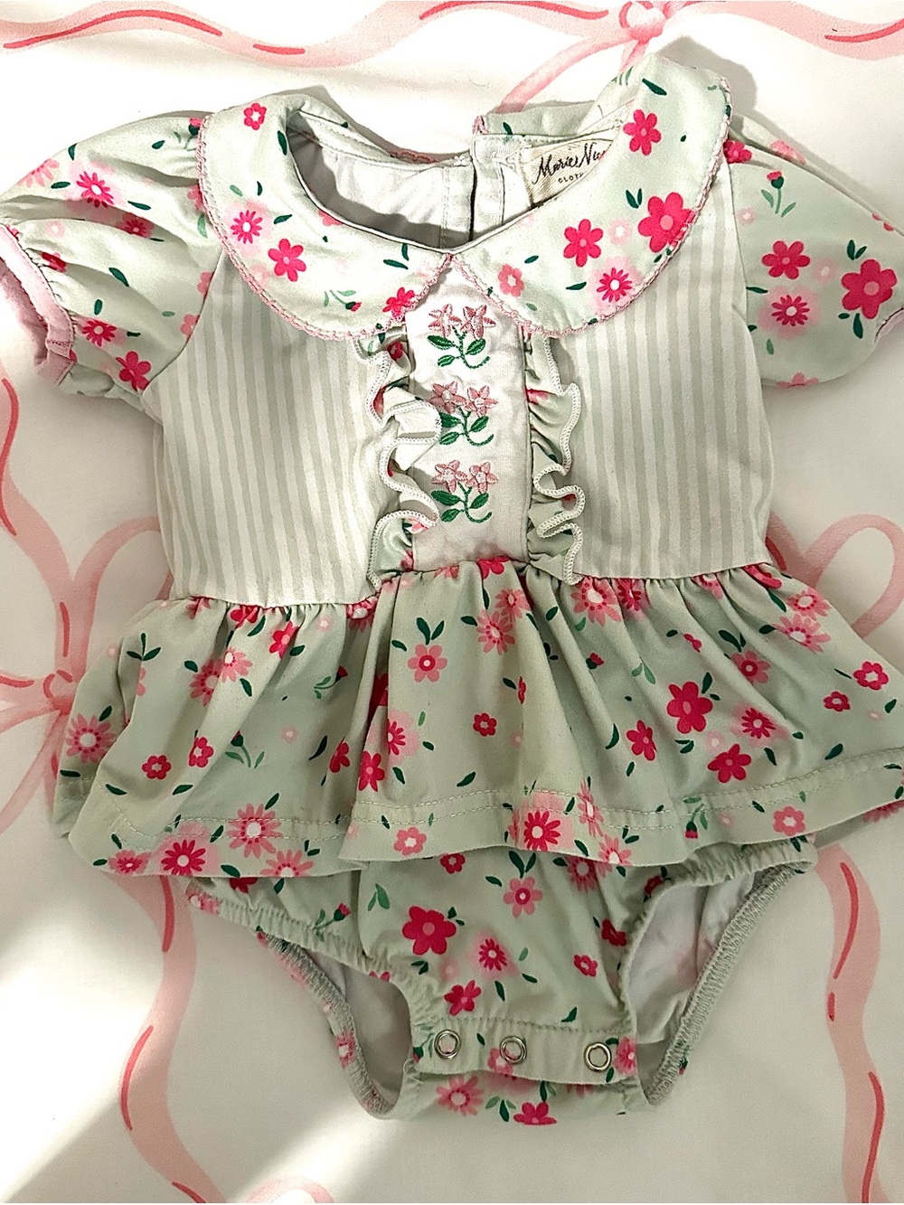Marie Nicole Mint and Pink Floral Baby One-Piece Bodysuit with Ruffle Collar